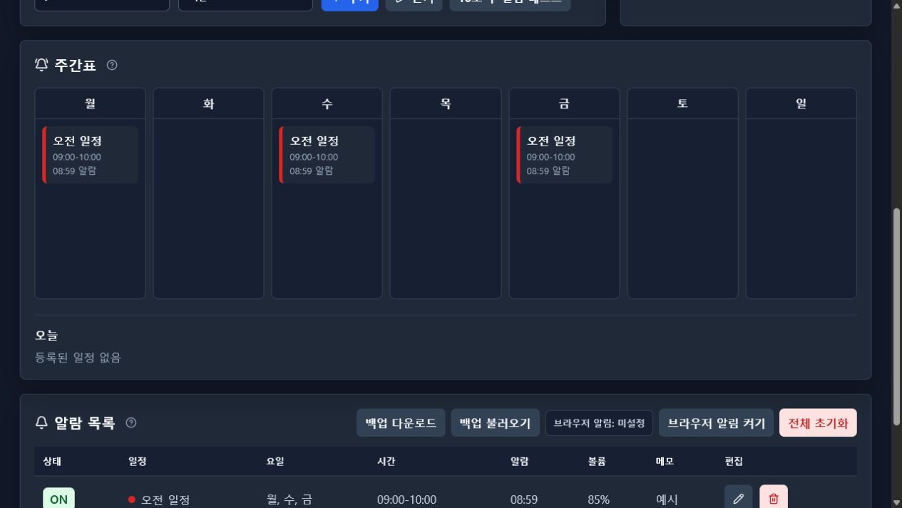 요일별 일정이 표시된 주간표 예시